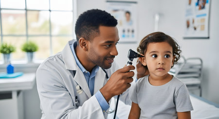 A friendly male pediatrician of Black ethnicity examines a young girl's ear with an otoscope. The doctor is smiling gently at the child, who looks on with a curious and calm expression, in a bright and modern medical clinic office.の素材