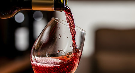 A close-up shot of red wine being poured from a bottle into a tilted wine glass. The rich, ruby-colored liquid splashes into the glass, with a blurred background suggesting a bar or restaurant.の素材