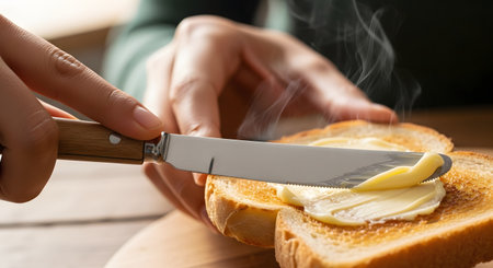 A close-up of a person's hands using a knife with a wooden handle to spread yellow butter on a slice of hot, steaming toast. The scene takes place over a wooden table, evoking a cozy breakfast.の素材