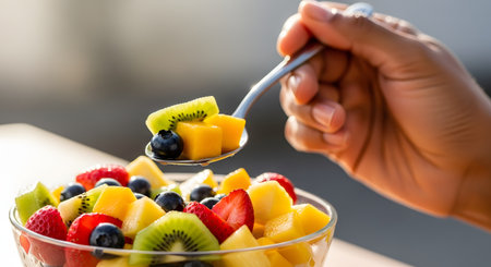 A close-up of a hand holding a spoon filled with pieces of fresh fruit salad, including kiwi, mango, and blueberry. The spoon is lifted from a glass bowl containing more salad with strawberries, kiwi, and mango, against a bright, blurred outdoor background.の素材