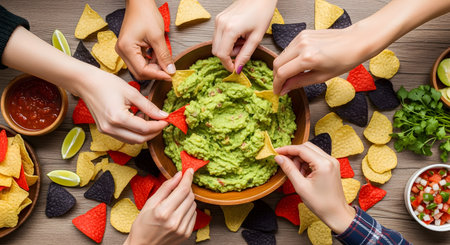 An overhead view captures four people's hands dipping colorful tortilla chips into a large wooden bowl of fresh guacamole. Salsa, pico de gallo, and scattered chips surround the bowl, depicting a social, fun, and shared snack time.の素材