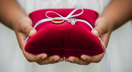 A close-up shot of a child's hands holding a red velvet ring bearer pillow. Two rings, a gold wedding band and a diamond engagement ring, are tied to the pillow with a white ribbon.の素材
