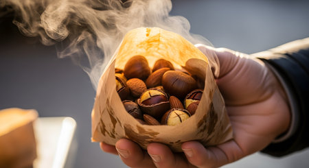 A close-up of a hand holding a brown paper bag filled with hot, freshly roasted chestnuts, with steam rising from the top. This classic street food evokes a warm, cozy feeling, often associated with autumn, winter, and festive markets. The image captures a comforting and traditional snack.の素材
