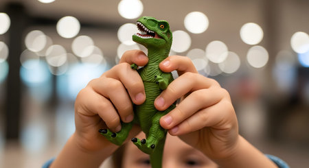 A close-up shot of a child's hands holding up a green plastic toy dinosaur, a Tyrannosaurus Rex. The background is blurred with bright bokeh lights, suggesting an indoor store or event.の素材