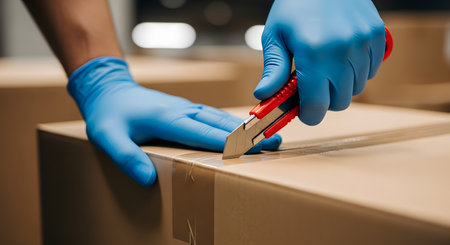 A close-up shot of a person's hands wearing blue nitrile gloves, carefully using a red box cutter or utility knife to open the tape on top of a cardboard box. The action suggests receiving a delivery or unboxing.の素材
