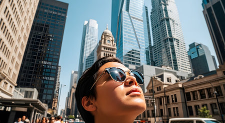 A low-angle shot captures a person wearing sunglasses looking up in awe at the tall skyscrapers of a modern city, which appears to be Chicago. The sun reflects off their glasses, conveying a sense of urban exploration, tourism, and ambition.の素材