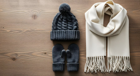 A flat lay, top-down view of cozy winter accessories arranged on a dark wooden background. The set includes a gray knitted beanie with a pom-pom, a pair of matching gray mittens, and a soft, cream-colored scarf with tassels.の素材