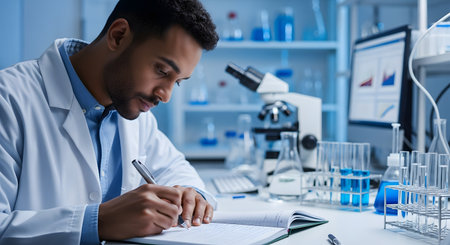 A focused male scientist in a white lab coat is sitting at a desk and writing notes in a lab journal. His modern laboratory is filled with equipment, including a microscope, test tubes, beakers, and a computer screen showing data.の素材