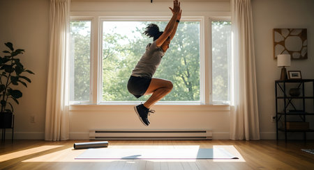 A woman in athletic wear is captured mid-air while performing a tuck jump exercise on a yoga mat in her sunlit living room. The large window shows greenery outside. This image represents a home workout, fitness, health, cardio, and an active lifestyle.の素材