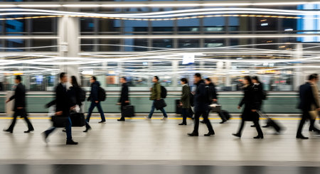 A motion blur photograph of people commuting through a modern, brightly lit concourse, likely a train station or airport. The blurred movement conveys the hustle and bustle of city life, travel, and the fast pace of modern society.の素材