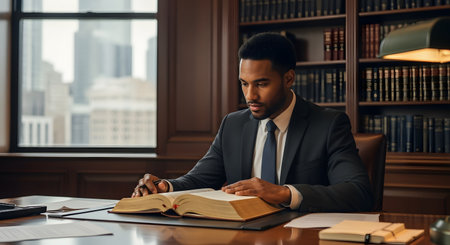A focused male lawyer in a suit and tie sits at a large wooden desk, reading a thick law book. He is in a classic, wood-paneled office with a wall of bookshelves and a view of the city, representing legal research, justice, and professionalism.の素材