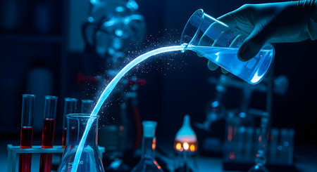 A scientist's gloved hand pours a glowing blue, sparkling liquid from a beaker into a flask in a dark laboratory. The scene is filled with scientific glassware, including test tubes, creating an atmosphere of research, discovery, and chemical experimentation.の素材