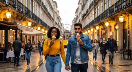 An attractive, diverse couple holds hands while walking down a charming European city street and eating ice cream cones. The scene, featuring historic architecture and a classic tram in the background, captures a romantic moment of travel and enjoyment in Lisbon, Portugal.の素材