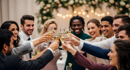 A joyful and diverse group of well-dressed friends are gathered closely, smiling and laughing as they raise their champagne glasses for a celebratory toast. The setting appears to be a wedding reception or festive party, with warm bokeh lights in the background.の素材