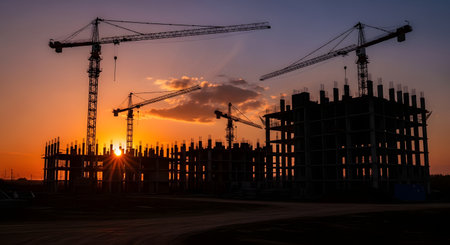 Several tall construction cranes are silhouetted against a dramatic orange and purple sunset. The framework of a large building under construction is also visible, with the sun bursting on the horizon.の素材