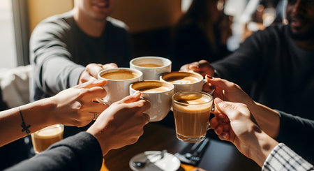 A group of friends' hands are shown toasting and clinking their coffee mugs together over a wooden table in a cafe. The cups are filled with various coffee drinks like lattes and cappuccinos. This image symbolizes friendship, socializing, celebration, and coffee culture.の素材