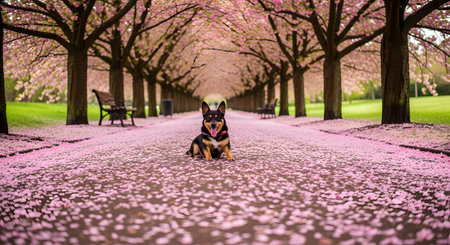 A cute, small dog sits in the middle of a park pathway covered in fallen pink cherry blossom petals. The path is lined with blooming cherry trees, creating a beautiful and whimsical spring scene.の素材