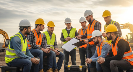 A group of diverse construction workers in hard hats and high-visibility safety vests are gathered at a building site for a toolbox talk. One worker, likely a foreman, is holding a clipboard and pointing at plans while discussing with the team.の素材