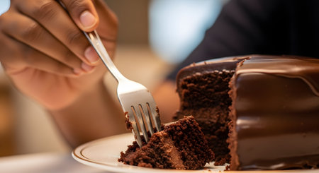 A close-up of a person's hand using a fork to take a bite of a rich, moist chocolate fudge cake. The multi-layered cake is covered in glossy chocolate frosting and sits on a white plate.の素材