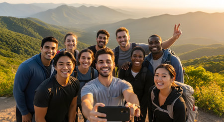 A large, diverse group of happy friends hikes to a mountain summit and takes a selfie together with a smartphone. They are smiling at the camera, with a beautiful panoramic view of rolling green hills at sunset behind them.の素材