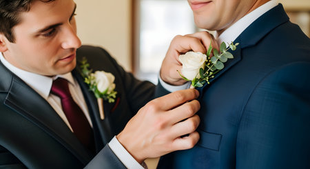 A close-up shot of a best man carefully pinning a white rose boutonniere to the groom's blue suit jacket. This image captures a moment of support, friendship, and preparation on a wedding day.の素材