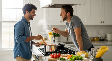 Two happy men are cooking pasta together in a bright, modern kitchen. One man tastes the spaghetti from a wooden spoon while the other stirs the pot, both laughing and enjoying the shared activity.の素材