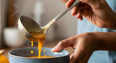 A close-up of a person's hands serving hot, steaming orange soup (like butternut squash or carrot) from a metal ladle into a blue bowl. The image evokes feelings of warmth, comfort, and homemade cooking.の素材