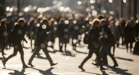 An out-of-focus, abstract shot of a crowd of people walking on a city street. The scene is backlit by bright sunlight, creating strong silhouettes and a prominent bokeh effect, conveying a busy, anonymous urban life.の素材