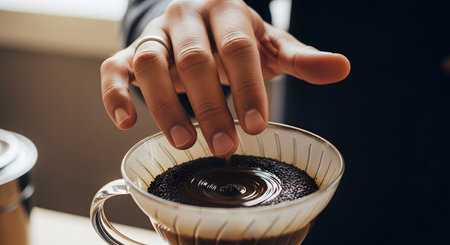 A close-up, high-angle shot of a hand gently touching or pressing the bed of coffee grounds in a glass pour-over dripper. The blooming coffee grounds have a concentric ripple pattern.の素材