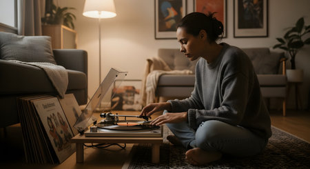 A woman in a cozy sweater sits on the floor of her living room, carefully placing the needle on a vinyl record. She is focused on the turntable, with a collection of LPs beside her, creating a calm and nostalgic atmosphere.の素材