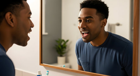 A young Black man in a blue t-shirt stands in a bathroom, looking at his reflection in the mirror with his mouth open, checking his teeth. Toothpaste and toothbrushes are visible on the counter.の素材