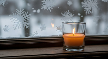 A single lit candle in a glass holder sits on a wooden windowsill, providing a warm glow. Outside the window, it is snowing, and large snowflake decals decorate the glass, creating a cozy and peaceful winter scene.の素材