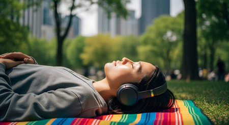A young Asian woman lies on a colorful blanket on the grass in a city park, relaxing with her eyes closed and listening to headphones. The background shows green trees and blurred city buildings, representing an urban oasis, mindfulness, and relaxation.の素材