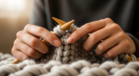 A close-up shot of a person's hands knitting with thick, soft beige yarn and large wooden needles. The focus is on the intricate stitches, representing a cozy hobby, craft, or handmade mindfulness activity.の素材