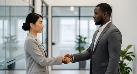 A Black businessman and an Asian businesswoman, both in professional suits, shake hands in a modern, bright office hallway. They are making eye contact, symbolizing a business deal, agreement, partnership, or successful interview.の素材