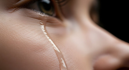 An extreme close-up macro shot of a person's eye with a single tear rolling down their cheek. The image captures emotion, sadness, and vulnerability.の素材