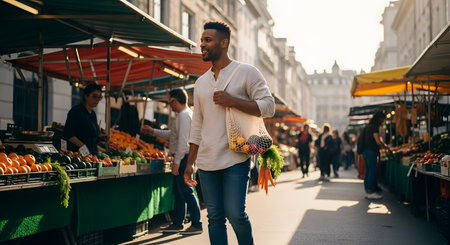 A smiling man walks through a sunny outdoor farmers' market, carrying a reusable mesh bag filled with fresh produce like carrots and fruits. He is enjoying the vibrant atmosphere, promoting sustainable shopping and a healthy lifestyle.の素材