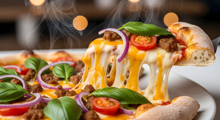A close-up shot of a steaming hot slice of pizza being lifted from a whole pizza, creating a dramatic cheese pull. The pizza is topped with melted cheddar cheese, ground beef, red onions, tomatoes, and fresh basil.の素材