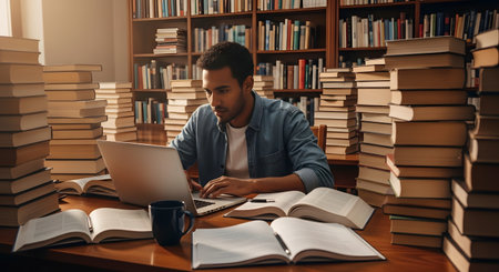 A focused young male student sits at a desk in a library, working on his laptop. He is surrounded by large stacks of books and open textbooks, with bookshelves filling the background, representing research, studying, and education.の素材