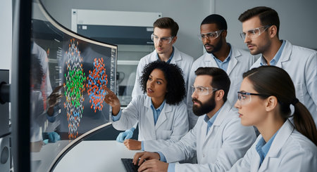 A diverse group of scientists in lab coats and safety goggles gathers around a large curved computer screen, analyzing a complex 3D molecular structure. A female scientist points to the screen, leading the discussion in a modern research laboratory.の素材