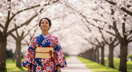 A beautiful woman of color wears a traditional blue and floral patterned kimono while standing on a path lined with blooming cherry blossom trees. Petals are gently falling around her, creating a serene and picturesque spring scene in Japan.の素材