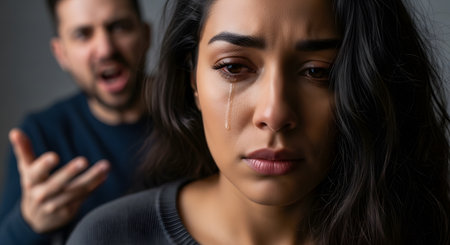A close-up on a sad, crying woman's face, with a tear rolling down her cheek. In the blurred background, an angry man is shouting, representing domestic conflict, argument, and emotional abuse.の素材