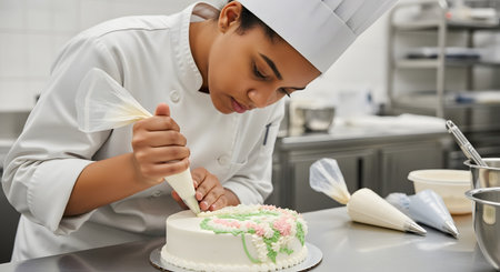 A focused female pastry chef, wearing a professional white uniform and toque, meticulously decorates a white cake. She is using a piping bag to create intricate pink and green floral designs in a commercial kitchen.の素材