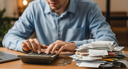 A man in a blue shirt sits at a wooden desk, using a calculator to manage his finances. He is surrounded by a large, messy pile of receipts, some coins, and a laptop, suggesting he is budgeting, doing taxes, or tracking expenses.の素材