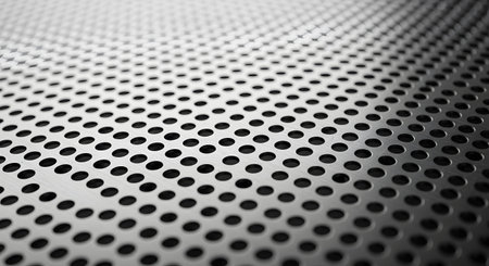 A close-up, angled shot of a perforated metal sheet, showing a repeating pattern of round holes. The metallic, industrial surface has a slight sheen and creates a textured, abstract background.の素材