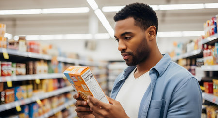 A focused man stands in a supermarket aisle, carefully reading the nutrition facts and ingredients on a cereal box. This represents a health-conscious consumer, making informed choices, and grocery shopping.の素材