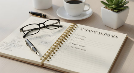 An open spiral notebook with the title 'FINANCIAL GOALS' lies on a desk. The page lists checkboxes for savings, investments, and debt repayment, accompanied by a cup of coffee, glasses, and pens, symbolizing financial planning and budgeting.の素材