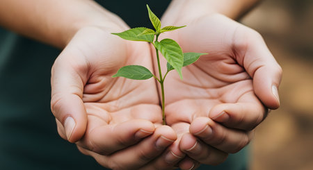 Close-up of a person's cupped hands gently holding a small green plant sapling with soil. The image represents concepts of growth, new life, environmental care, conservation, and sustainability.の素材