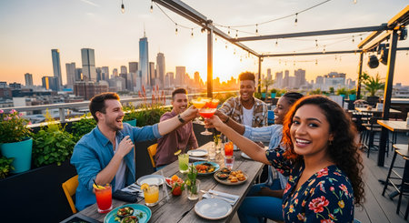A group of happy, diverse friends toasting with colorful cocktails at a rooftop bar during a beautiful sunset. The city skyline is visible in the background, capturing a moment of celebration, friendship, and urban nightlife.の素材