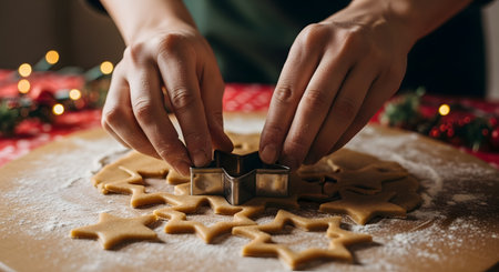 A close-up of a person's hands using a star-shaped metal cutter to cut figures from rolled-out gingerbread dough. The dough is on a floured surface, and festive Christmas decorations are blurred in the background. This image captures the tradition of holiday baking.の素材
